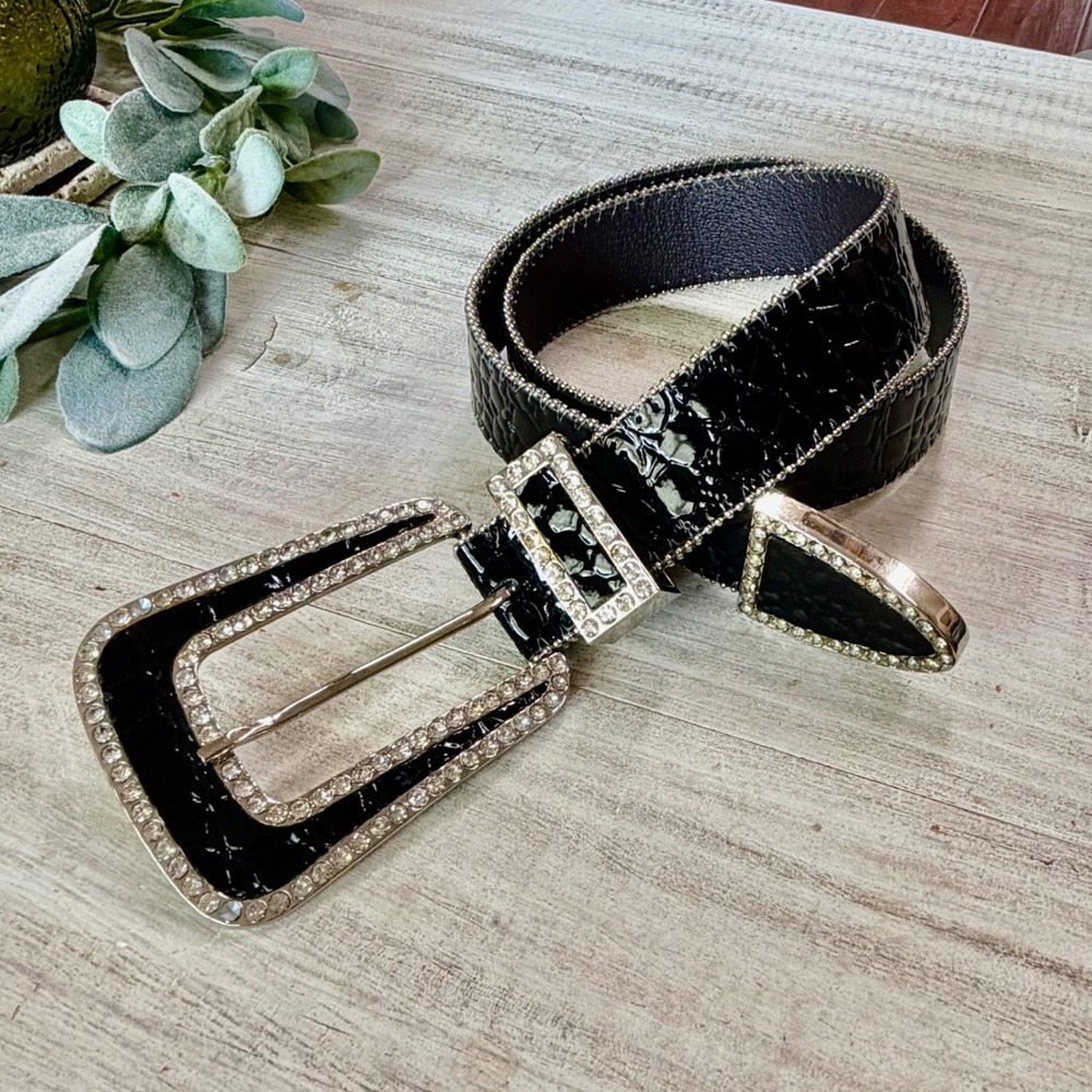 Western Faux Croc Rhinestone Buckle Belt Black Patent 99704 BP